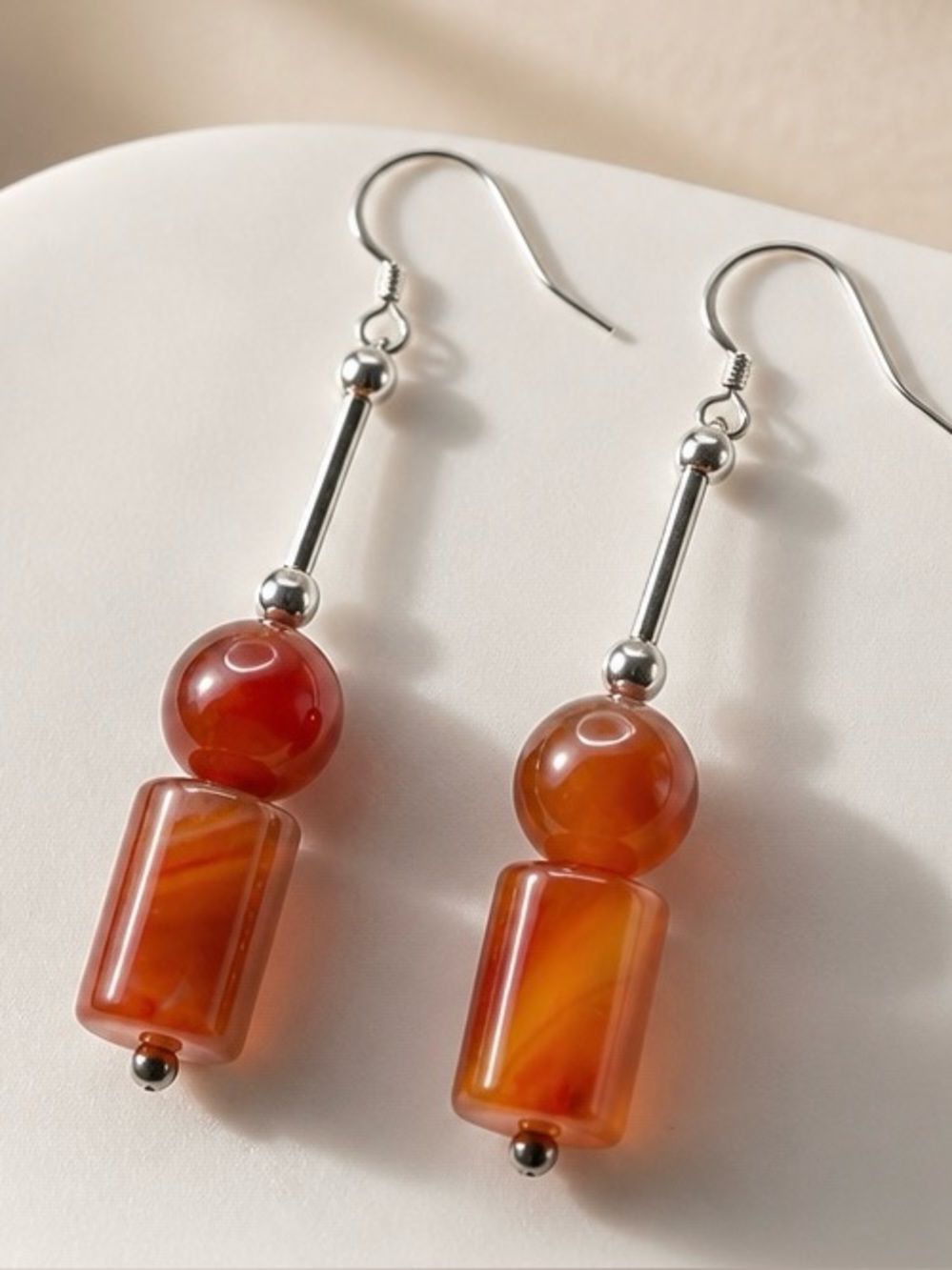 Handcrafted Orange Agate Bead Drop Earrings silver tone